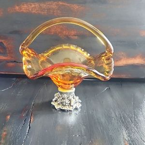 MURANO Art Glass Basket BOWL with handle Amber W/ Silver Metal Tone Base